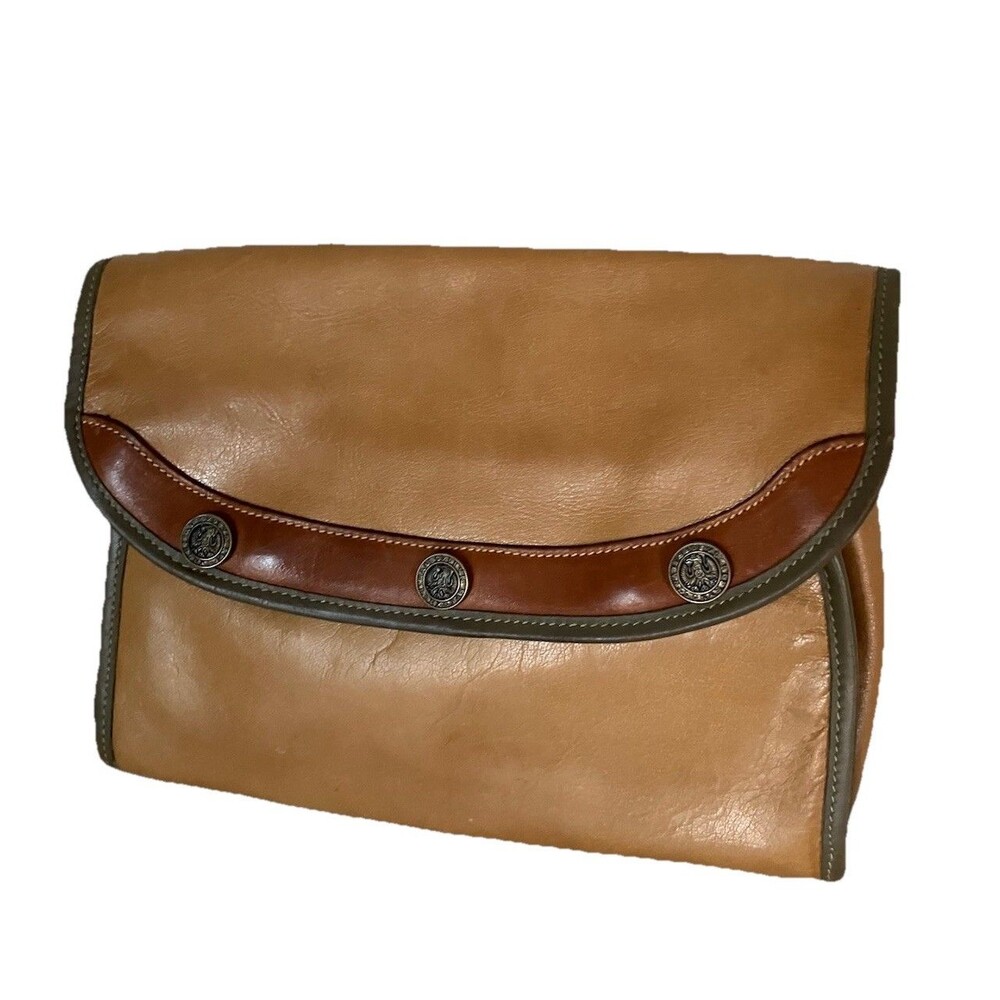 Vintage BRAHMIN Western Saddle Tan Beige Clutch Metal Coin Accents